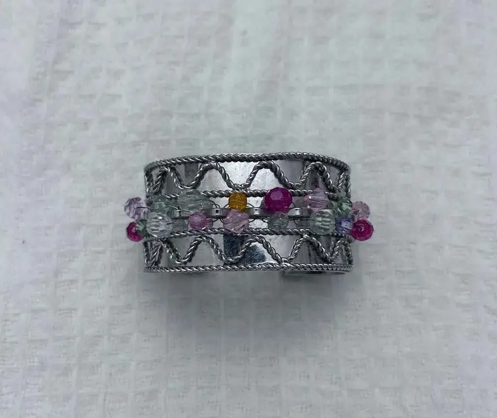 Silver tone Multi Color Bead Wide Cuff Bracelet